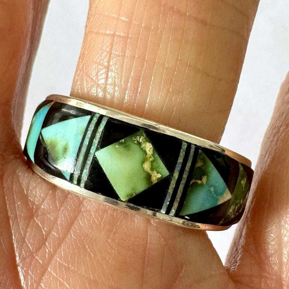 Navajo Turquoise Wedding Band Inlay Opal Multi Stone Ring Sz 11 9mm Men Unsigned